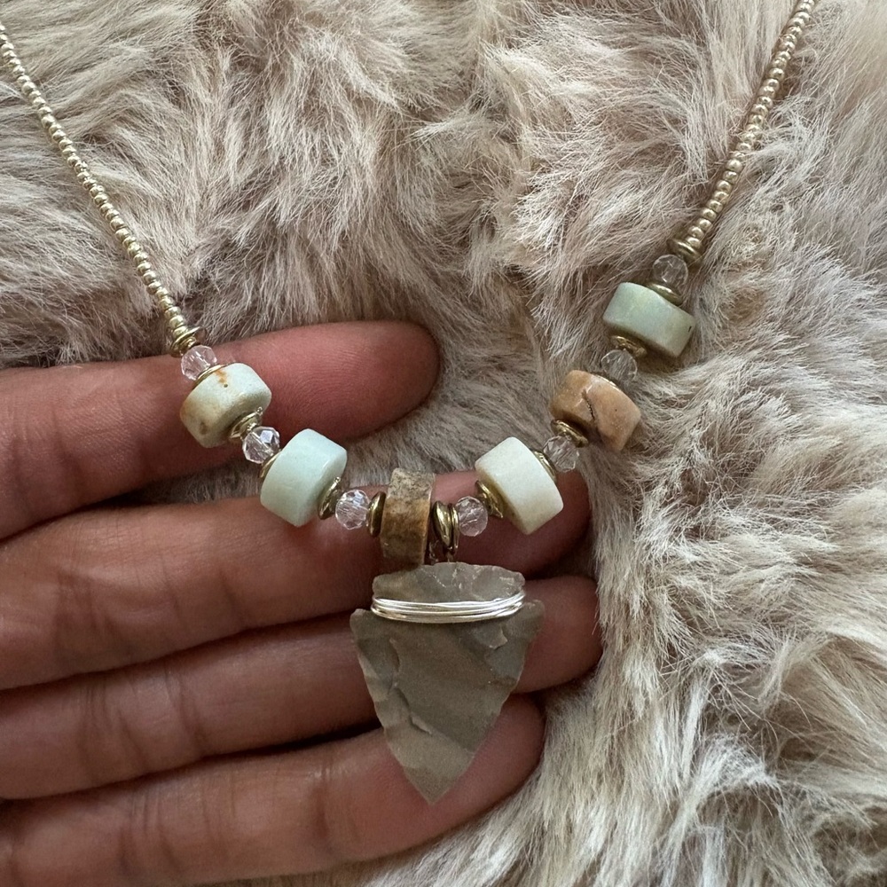 Riverborn Handcrafted Beaded Necklace with Stones and Arrowhead Pendant
